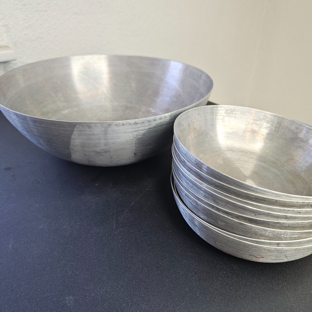 VTG WWII Spun Aluminum Bowls 9-pc Set Factory Double Stamp Aircraft Spinning Co